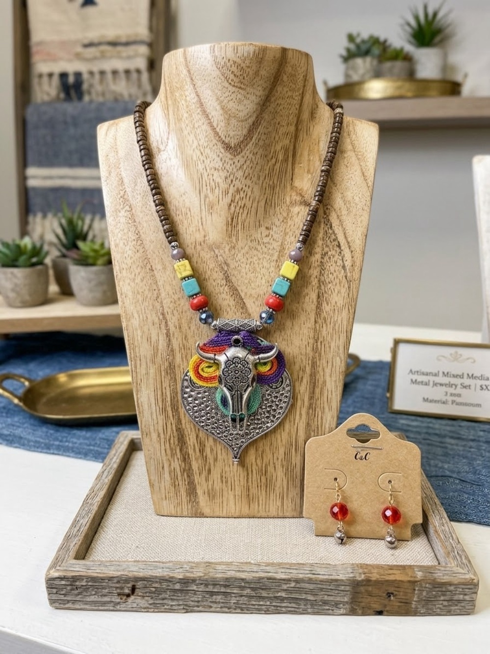 C&C California Multicolor Beaded Pendant Necklace with Red Accent Earrings